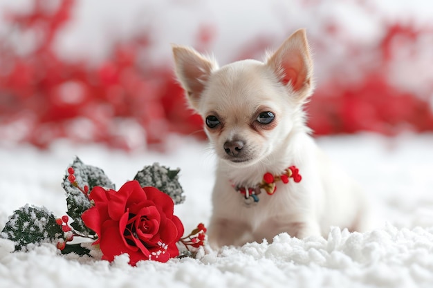 Perro chihuahua blanco con flor de rosa primer plano extremo IA generativa