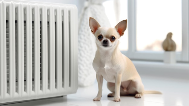 perro chihuahua cerca del radiador en el interior