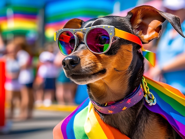 Perro chihuahua en desfile del orgullo Concepto de orgullo LGBTQ generado por IA