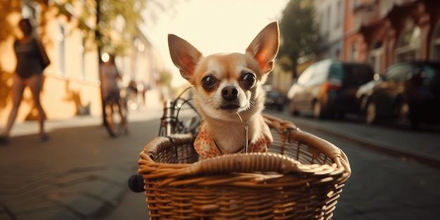 El perro chihuahua se divierte en bicicleta el día del sol por la mañana en verano en la calle de la ciudad