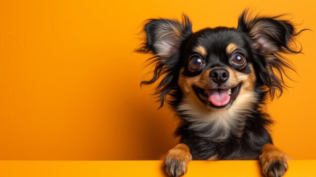 Foto un perro chihuahua feliz con el pelo largo y una gran sonrisa en su cara