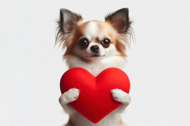 Perro Chihuahua con un gran corazón rojo sobre un fondo blanco sólido