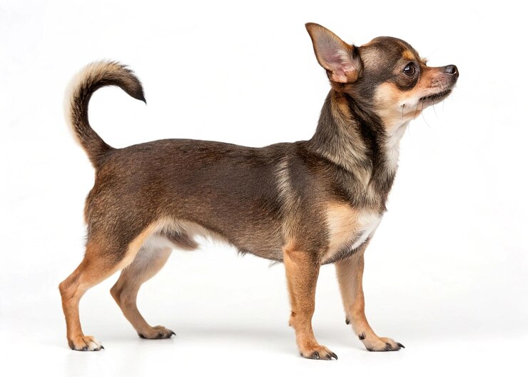 Perro Chihuahua posando en perfil aislado sobre un fondo blanco