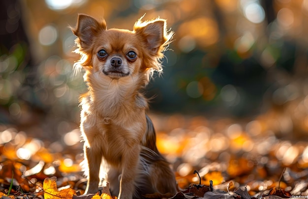 Perro Chihuahua sentado en las hojas en otoño