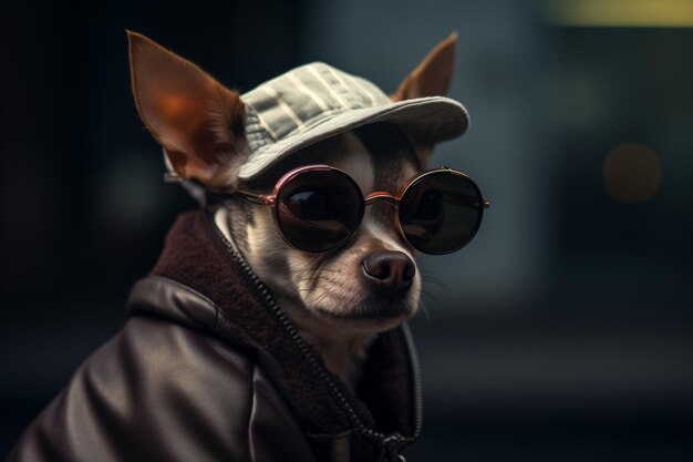 Perro Chihuahua con sombrero y gafas de sol con una expresión facial seria