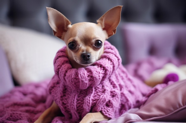 Perro chihuahua con un suéter morado tejido en casa