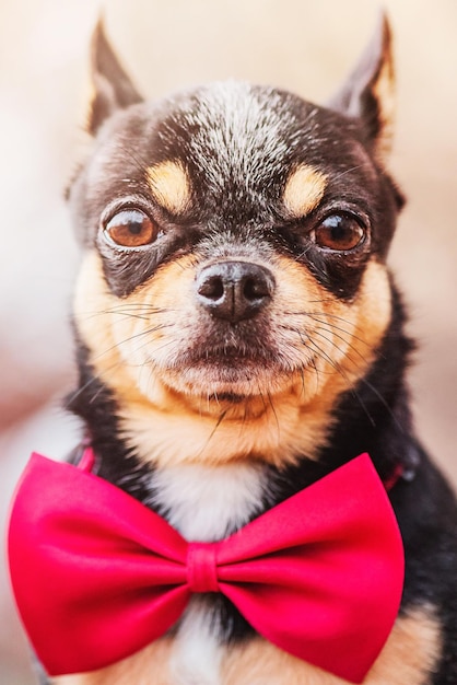 Perro chihuahua tricolor con una mariposa roja alrededor de su cuello Perro mascota