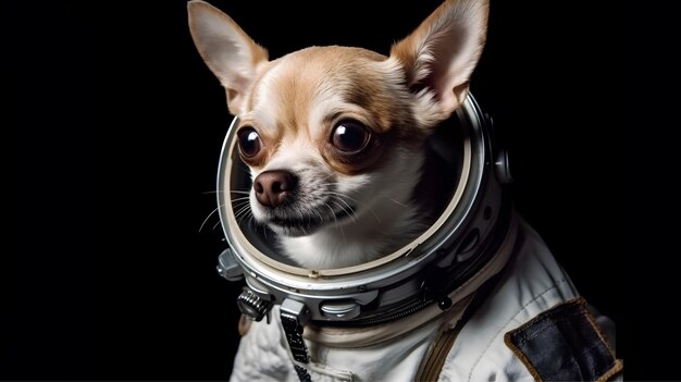 Perro chihuahua vistiendo un traje espacial con las palabras chihuahua en él