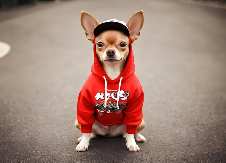 Perro Chiwawa con una sudadera roja y un sombrero hip hop