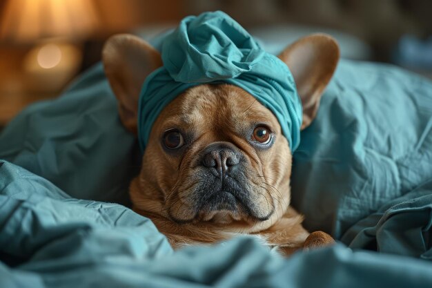 Foto perro con cinta azul en la cabeza descansando en la cama