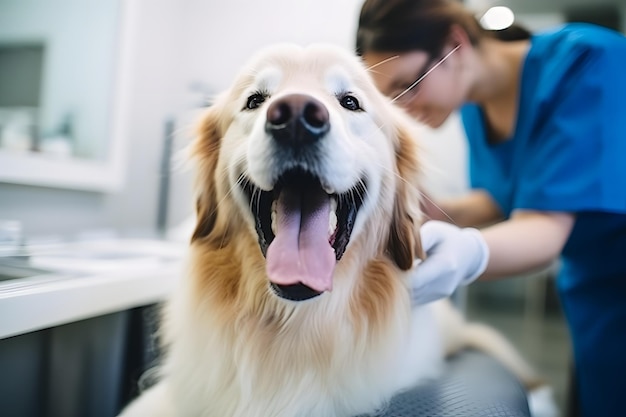 un perro en una cita con un veterinario en una clínica veterinaria moderna Una doctora evalúa la salud del animal y realiza los procedimientos médicos necesarios