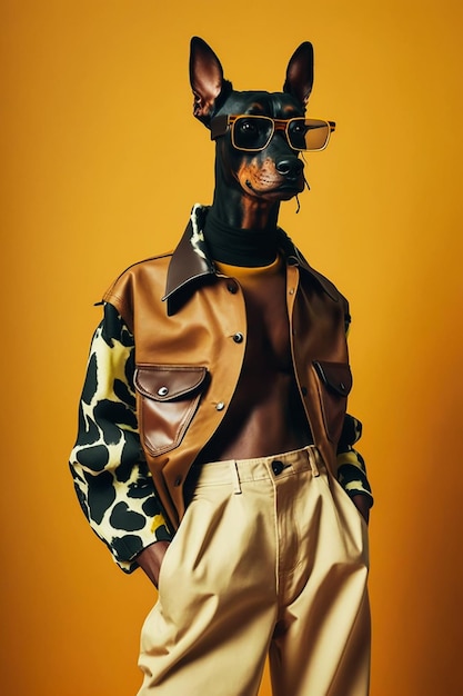 Un perro clásico de moda con una chaqueta negra y gafas de sol se para frente a una planta