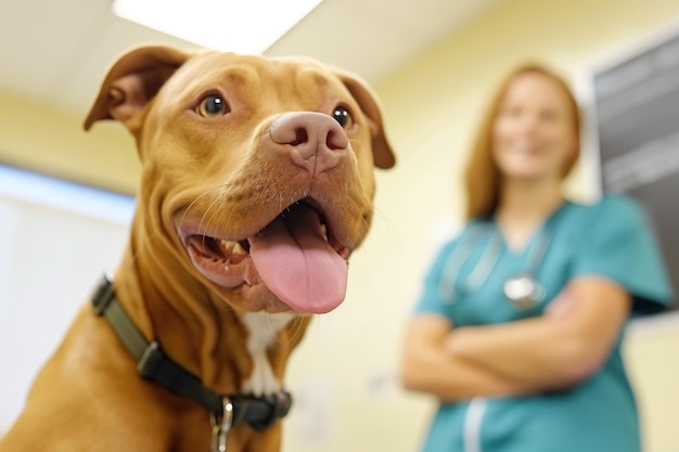 Foto perro en una clínica veterinaria un amable médico trata a un animal