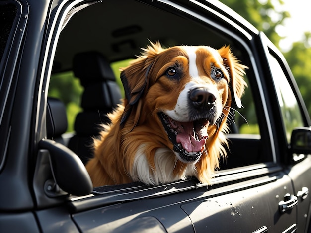 Un perro en un coche con una placa en la oreja.