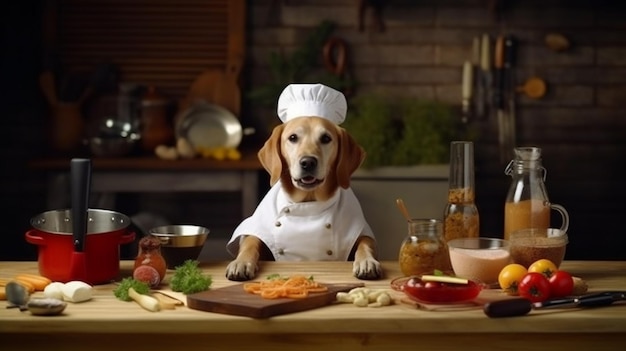 Foto perro cocinero en la cocina ia generativa