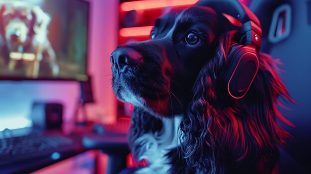 Un perro cocker spaniel con auriculares y mirando atentamente una pantalla de computadora