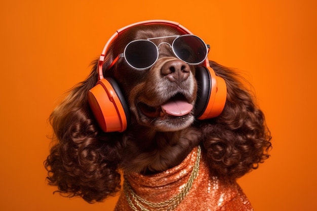 Foto perro cocker spaniel como diva de la danza disco funky music 70s setenta ilustración generativa ai