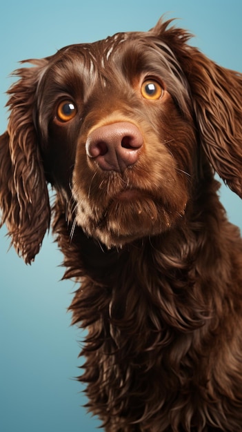 Un perro cocker spaniel marrón húmedo mirando hacia arriba con grandes ojos naranjas