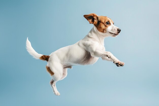 un perro con una cola blanca está saltando en el aire