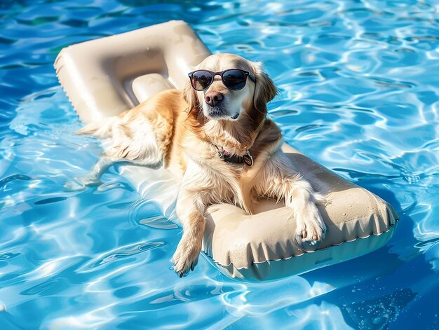 Foto el perro en el colchón inflable en la piscina se está relajando