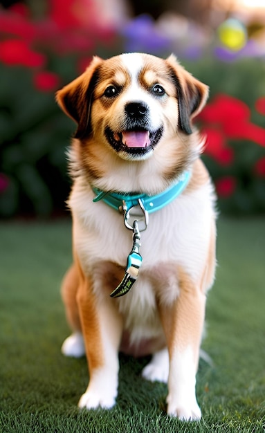 Un perro con un collar azul que dice 'soy un perro'