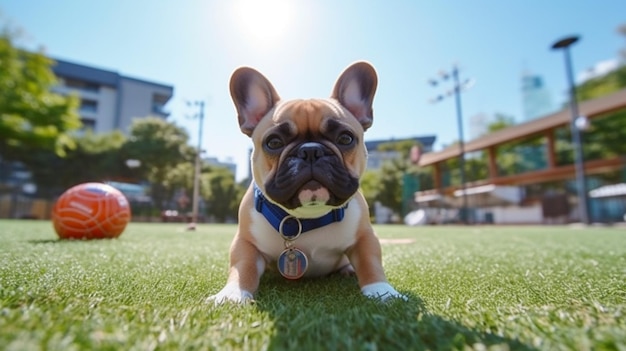 Un perro con collar azul se sienta en un campo con un letrero que dice "parque para perros".