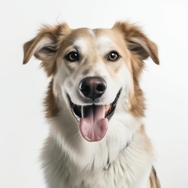 Un perro con un collar blanco y un collar negro con una etiqueta roja.