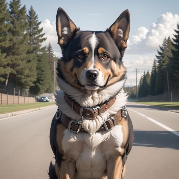 Un perro con collar en la carretera.