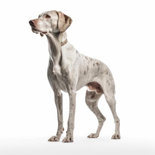 Un perro con collar y collar se para frente a un fondo blanco.