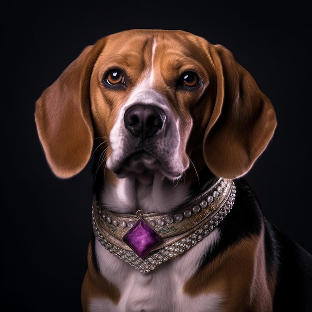 un perro con un collar con una corbata morada