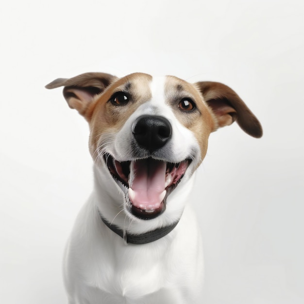 Un perro con un collar negro y un collar negro sonríe.