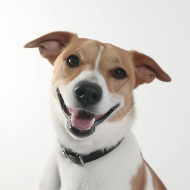 Un perro con un collar negro y un collar negro sonríe.