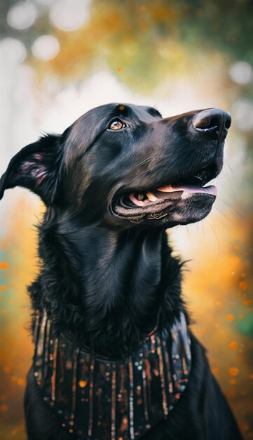 Un perro con un collar negro y un corazón rojo en el cuello.