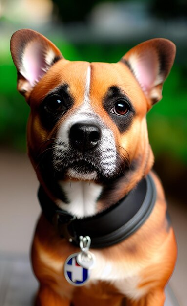 Un perro con collar negro y marcas blancas en la cara.