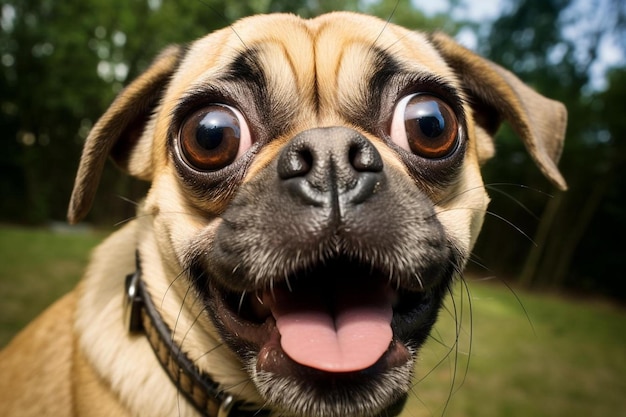 Un perro con un collar negro que dice "el perro"