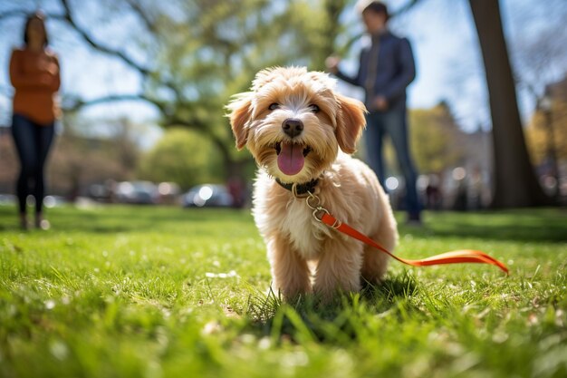 Foto un perro con un collar está de pie en la hierba.