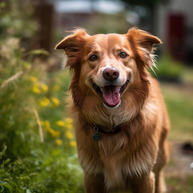 Un perro con un collar rojo y un collar rojo se encuentra en un campo de flores.