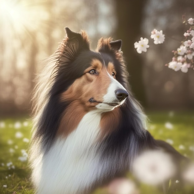 Un perro collie en un campo de flores.