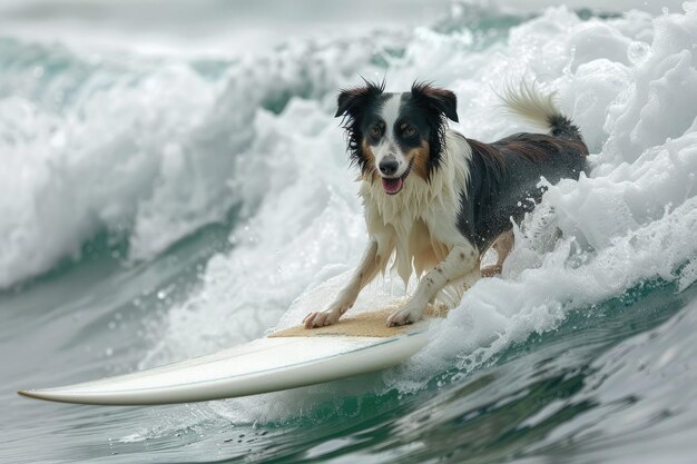 Perro collie feliz montando una tabla de surf en una ola muy alta Concepto de recreación activa Escuela de surf