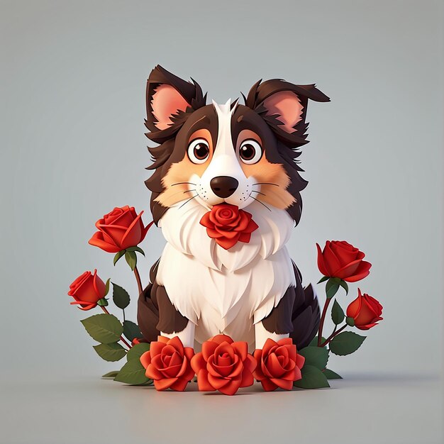 Foto perro collie lindo con rosa roja icono vectorial de dibujos animados ilustración icono de romance animal concepto aislado estilo de dibujo animado plano vectorial premium