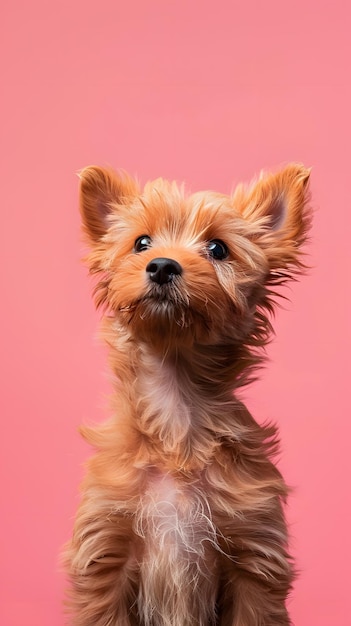 Un perro de color fauno de raza de perro de juguete se sienta en un fondo rosado mirando hacia arriba