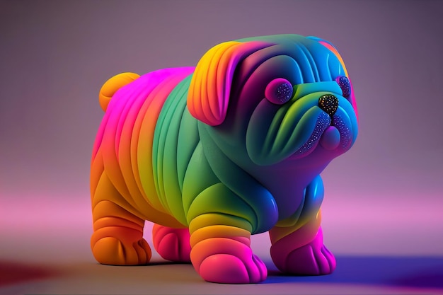 Un perro con los colores del arcoíris hecho por un hombre.