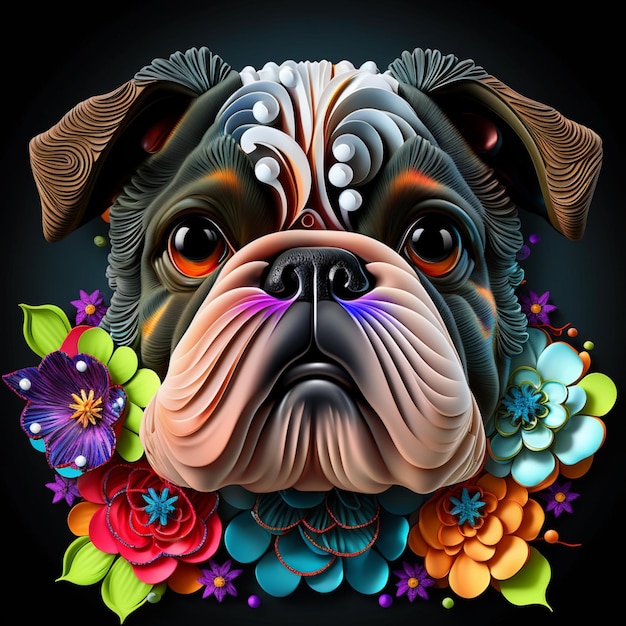 perro de colores brillantes con flores sobre fondo negro ai generativo