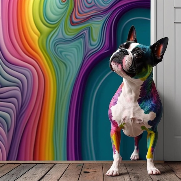 Foto perro de colores brillantes de pie frente a una pared colorida generativa ai