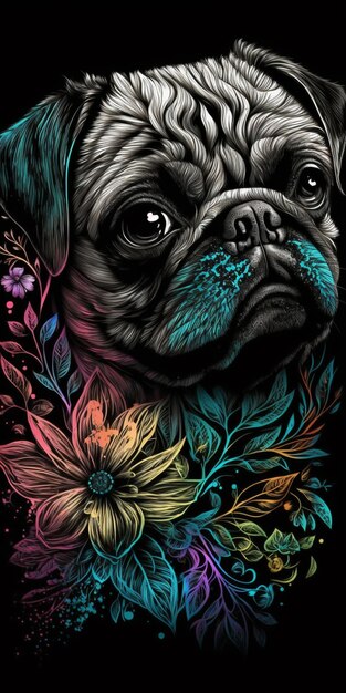 Un perro con un colorido collar floral en un fondo negro generativo ai