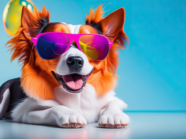 Perro colorido de dibujos animados con gafas de sol ai generativa