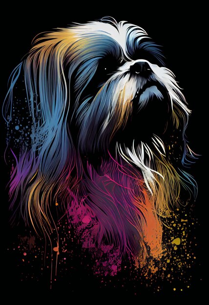 Un perro colorido con un fondo negro y las palabras shih tzu en él.