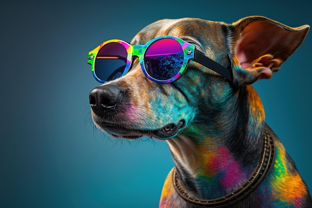 Un perro colorido con gafas de arcoíris