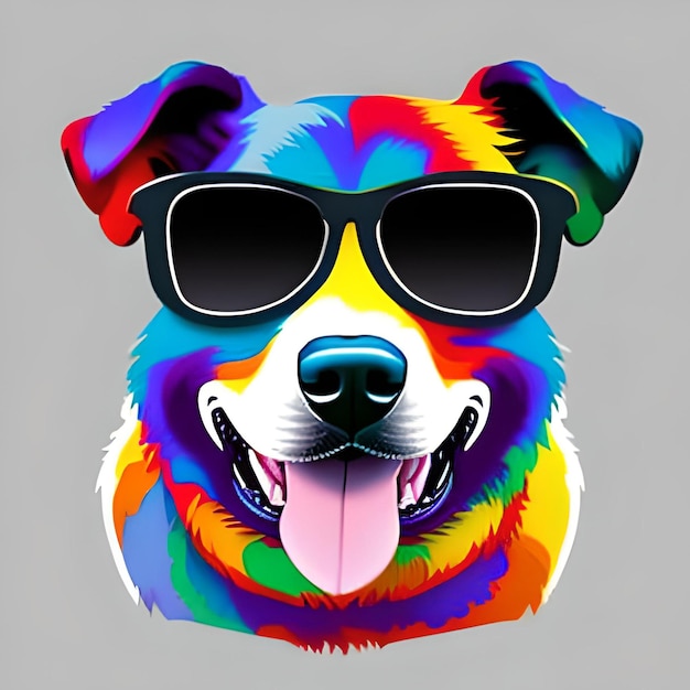 Foto un perro colorido con gafas de sol y una cabeza con los colores del arco iris.