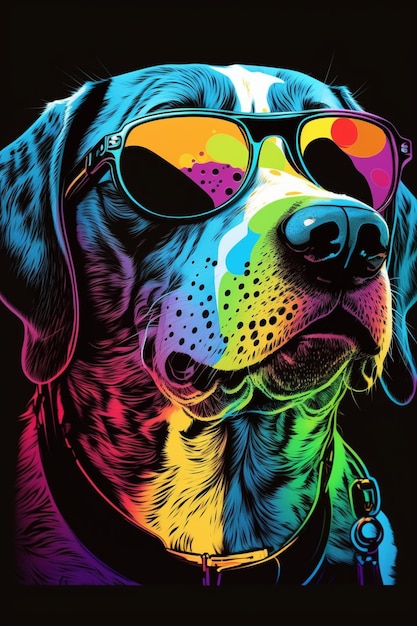 Un perro colorido con gafas de sol y un perro de color arco iris.